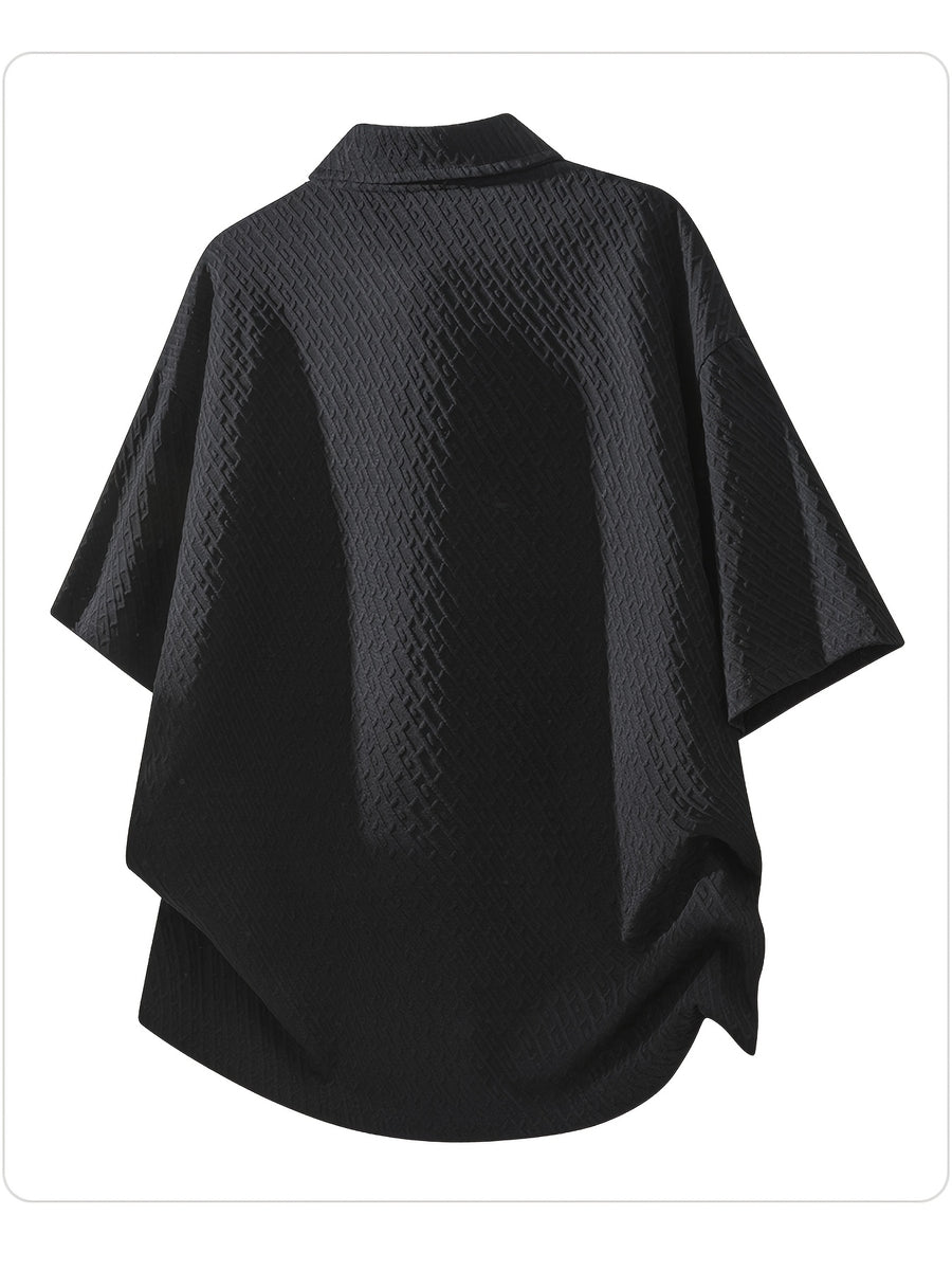 Men's Summer Fiber Fabric Lapel Short-Sleeve Polo T-Shirt, Streetwear Brand Diamond Check Casual Top - Black