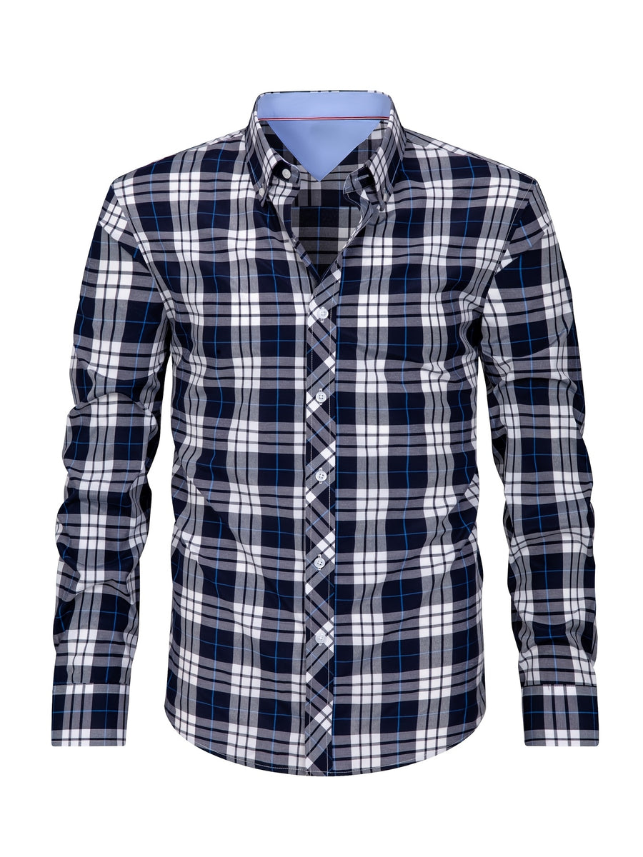 New Plaid Shirt for Men, Long Sleeve, European/American Sizing, Suitable for All Seasons and Commuting, Two-Tone Color Block Design, Four-Season Casual Shirt. Ideal for Men's Daily Wear, Vacation, Leisure, and Streetwear. The Casual Plaid Shirt - Blue-gray
