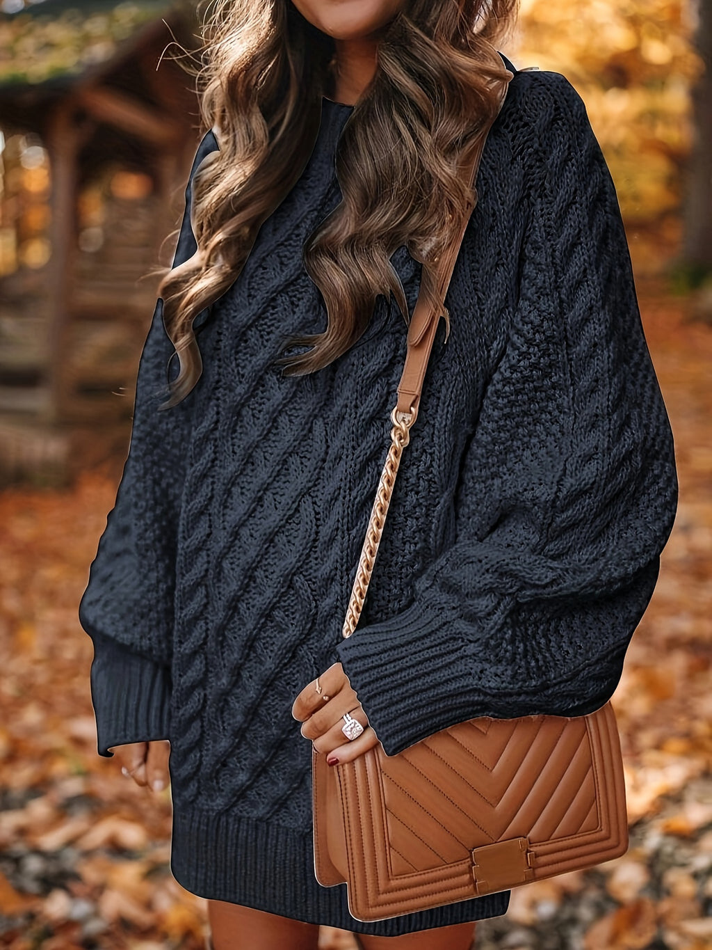 Women's Sweater Dress, Women's Long Sleeve Crew Neck Textured Knitted Dresss - Black