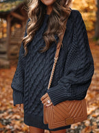 Women's Sweater Dress, Women's Long Sleeve Crew Neck Textured Knitted Dresss - Black