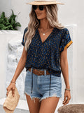 V-Neck Tie-Sleeve Short-Sleeve Floral Print Top - Blue