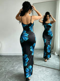 Women'S Adjustable Strap Printed Cami Dress, High-Waist Cinched -Lifting Long Skirt, Stretchy And, Suitable for Beach Vacation/Music Festival/Casual Date Wear - Black