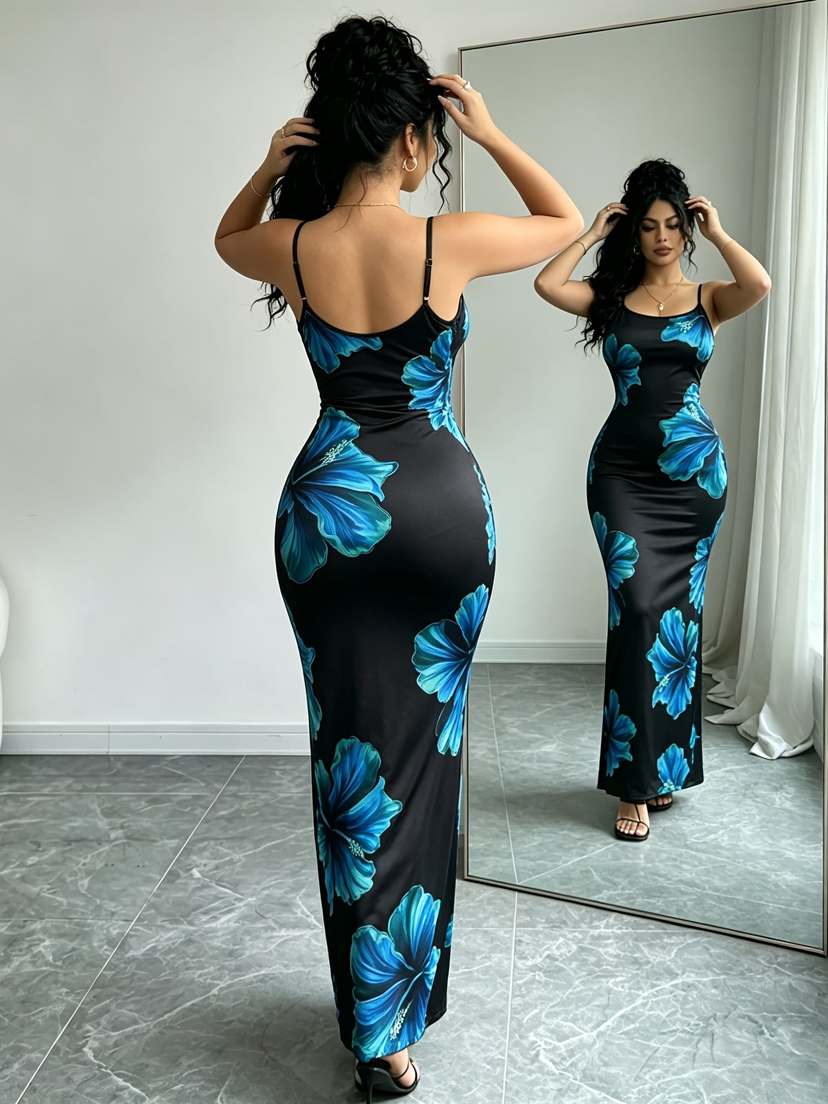 Women'S Adjustable Strap Printed Cami Dress, High-Waist Cinched -Lifting Long Skirt, Stretchy And, Suitable for Beach Vacation/Music Festival/Casual Date Wear - Black