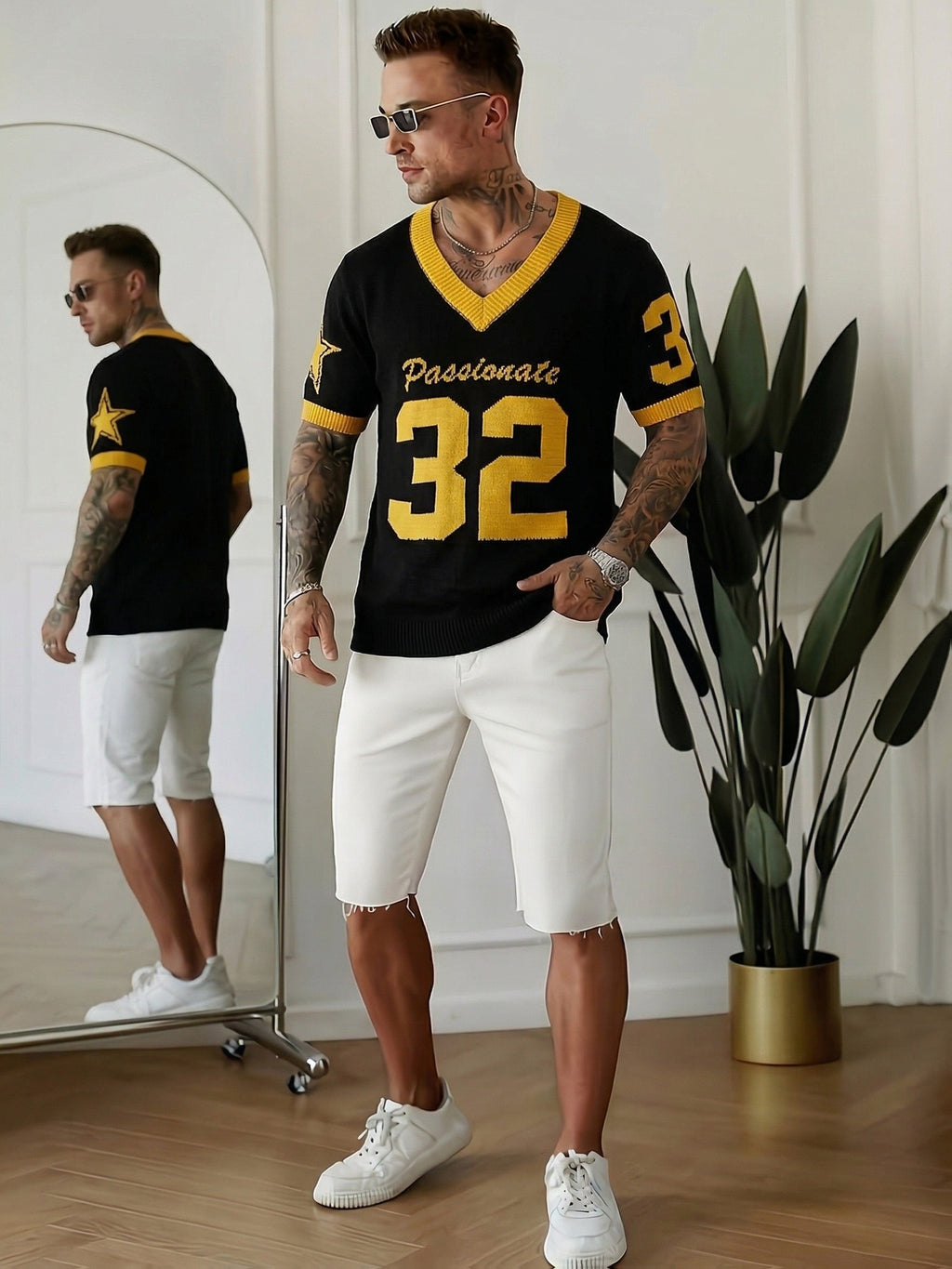 Vintage Uniform Knit Sweater "Passionate81.28cm - Unisex College Style Sweater, Black and Yellow V-Neck Loose Fit Athletic Top - Black