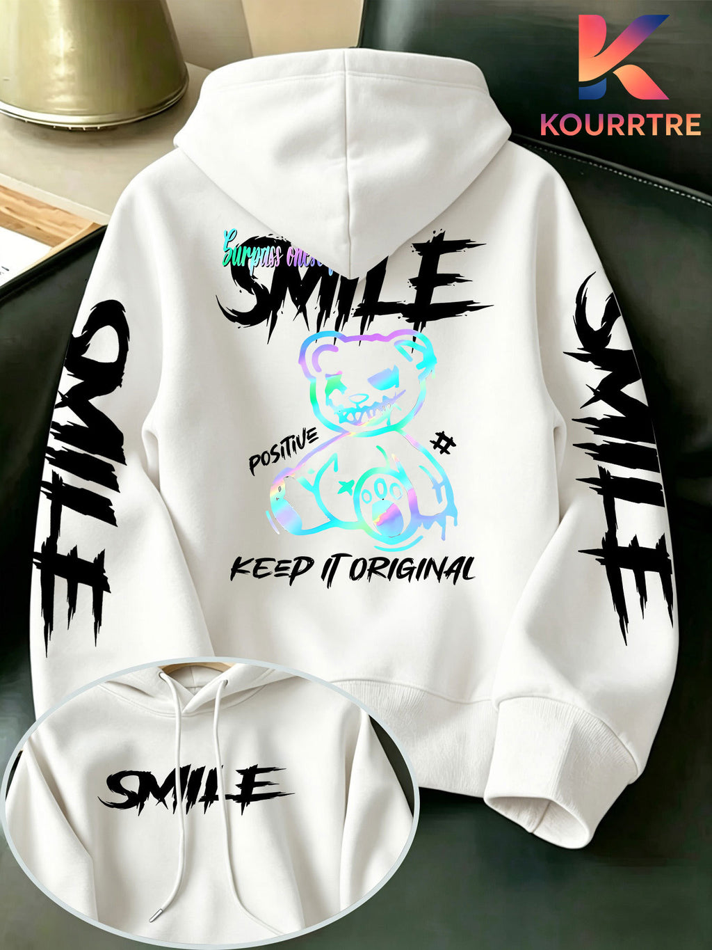 Men's Street-Style Cool Gradient Bear Symbol Hooded Sweatshirt, Featuring a Graffiti Bear Personality Print, Embodying American Street Fashion Culture, an Exclusive Item for Trendsetters! This Men's Hooded Sweatshirt Is Made from Selected - White
