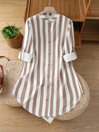Women's Fashion Striped Long Shirt - Camel