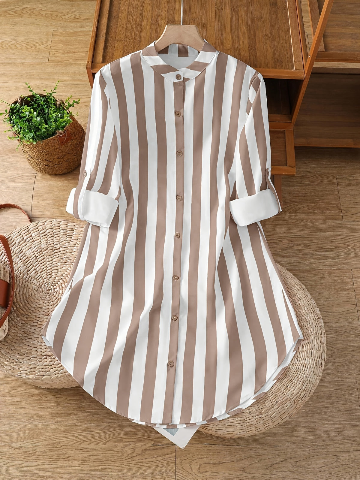 Women's Fashion Striped Long Shirt - Camel