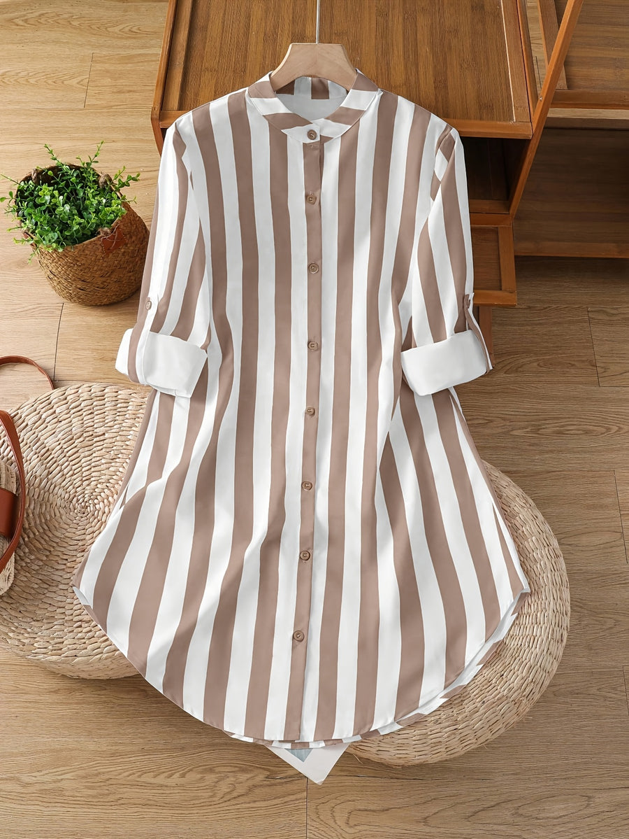 Women's Fashion Striped Long Shirt - Camel