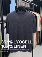 35.1% Lyocell And 10.4% Linen High-Quality Light Luxury Men'S Short Sleeve Round Neck Pullover Knit T-Shirt Fashion Casual Suitable for Outdoor Sports Golf Base Layer Floral Yarn Knit Fabric Collar Rolled Edge Craft Easy Commute Light Business Style - Night Blue