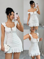 Women'S Vintage Ruffled Hem Fitted A-Line Dress, Elegant Sexy French Waist-Cinching Tight Summer Dress - White