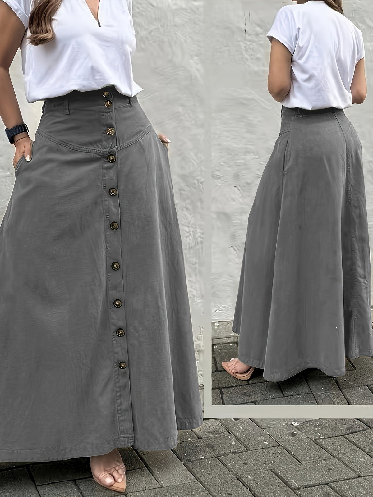 Women's Elegant Solid Color High Waist Mid-Long Skirt, Fashionable and Practical with Pockets and Button Front Slit A-line Skirt, Can be Worn in Spring, Summer, Autumn and Winter - Grey