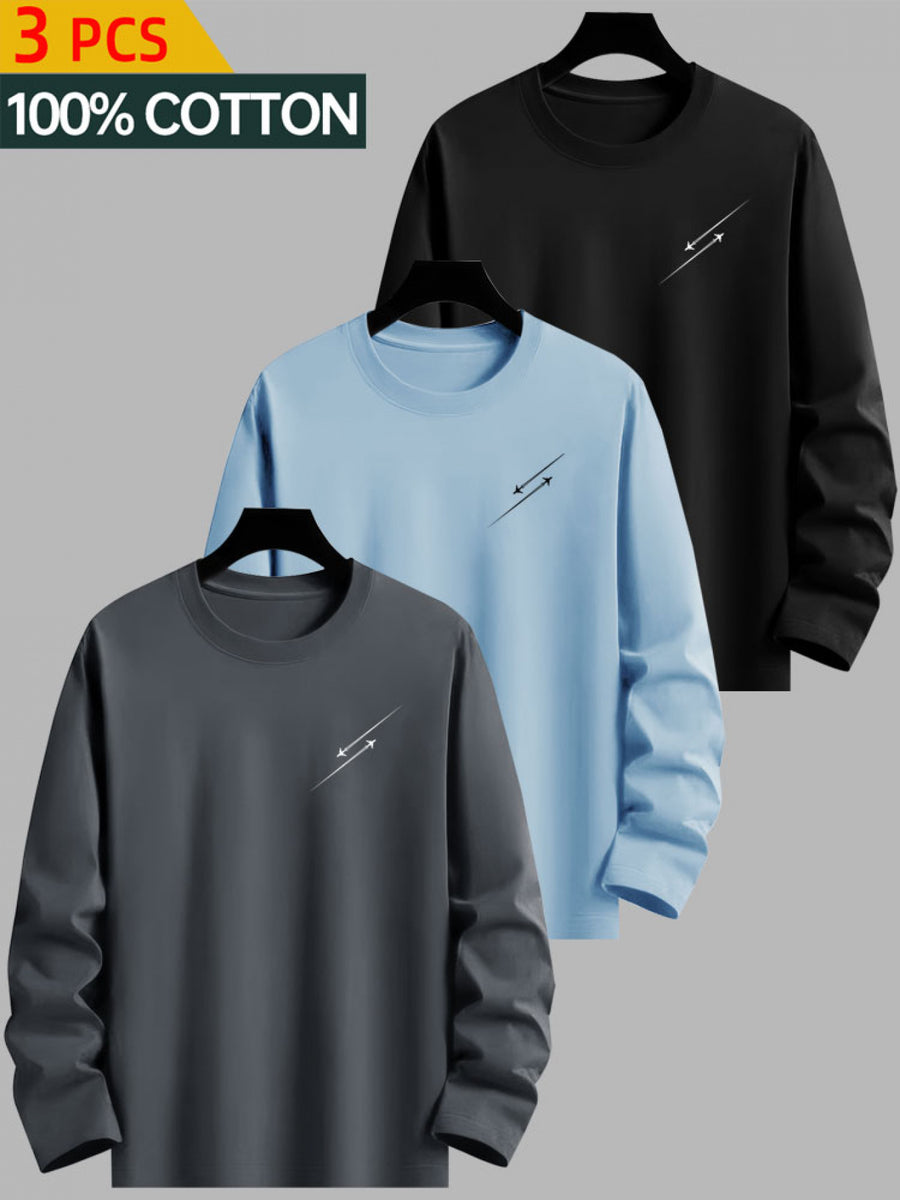 3pcs - 100% Cotton T-Shirts, Men's Casual Printed Round Neck Long Sleeve Tops, Suitable for Spring/Autumn Travel Modern Urban Style, Spring Fashion, Travel Clothing, Fashion Design, Printed T-Shirts, Breathable Fabric, Comfortable Fit, Daily Basic - Combination Color 3