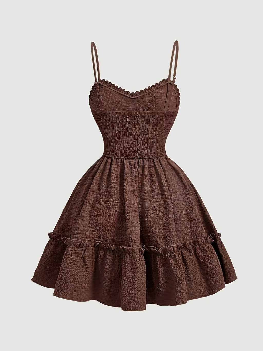 Elegant V-neck Lace-Trimmed Strap Dress | Solid Color, Contrast Lace Details, Suitable for Spring/Summer/Fall, for Adults - Coffee Brown