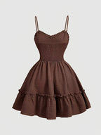 Elegant V-neck Lace-Trimmed Strap Dress | Solid Color, Contrast Lace Details, Suitable for Spring/Summer/Fall, for Adults - Coffee Brown