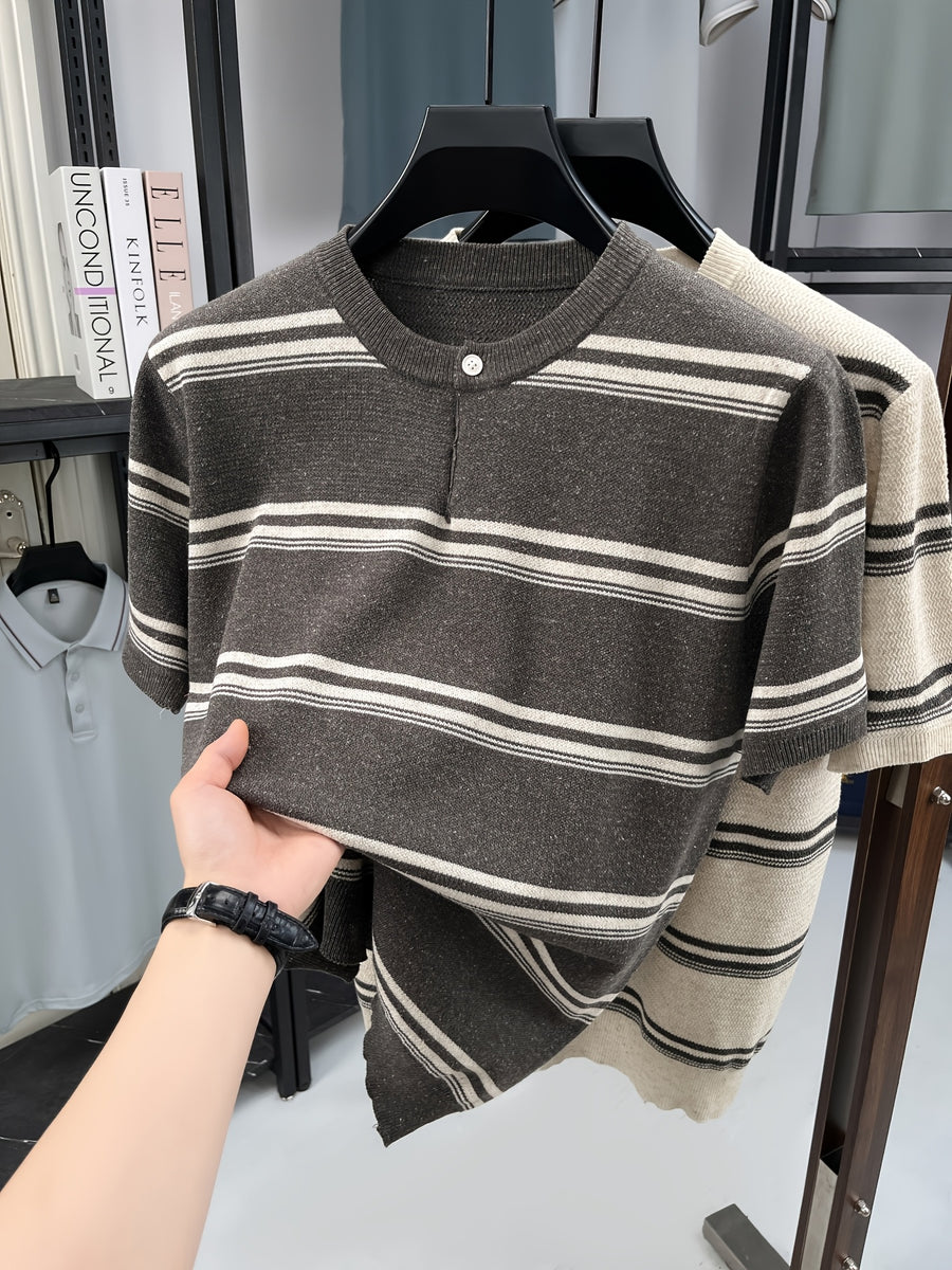 Men's Lightweight Breathable Knit Button-Up Shirt - Old Money Style Striped Half-Placket Stand Collar Short Sleeve Tunic Pullover, Suitable for Business Casual, Layering Base Layer for Spring Summer Outdoor Golf, Running, Daily Wear - Grey