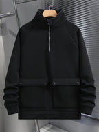 Men's Fashion Raglan Sleeve Sweatshirt with Half-Zip Open Neckline, Autumn/Winter Casual Versatile Long-Sleeve Sweatshirt - Black