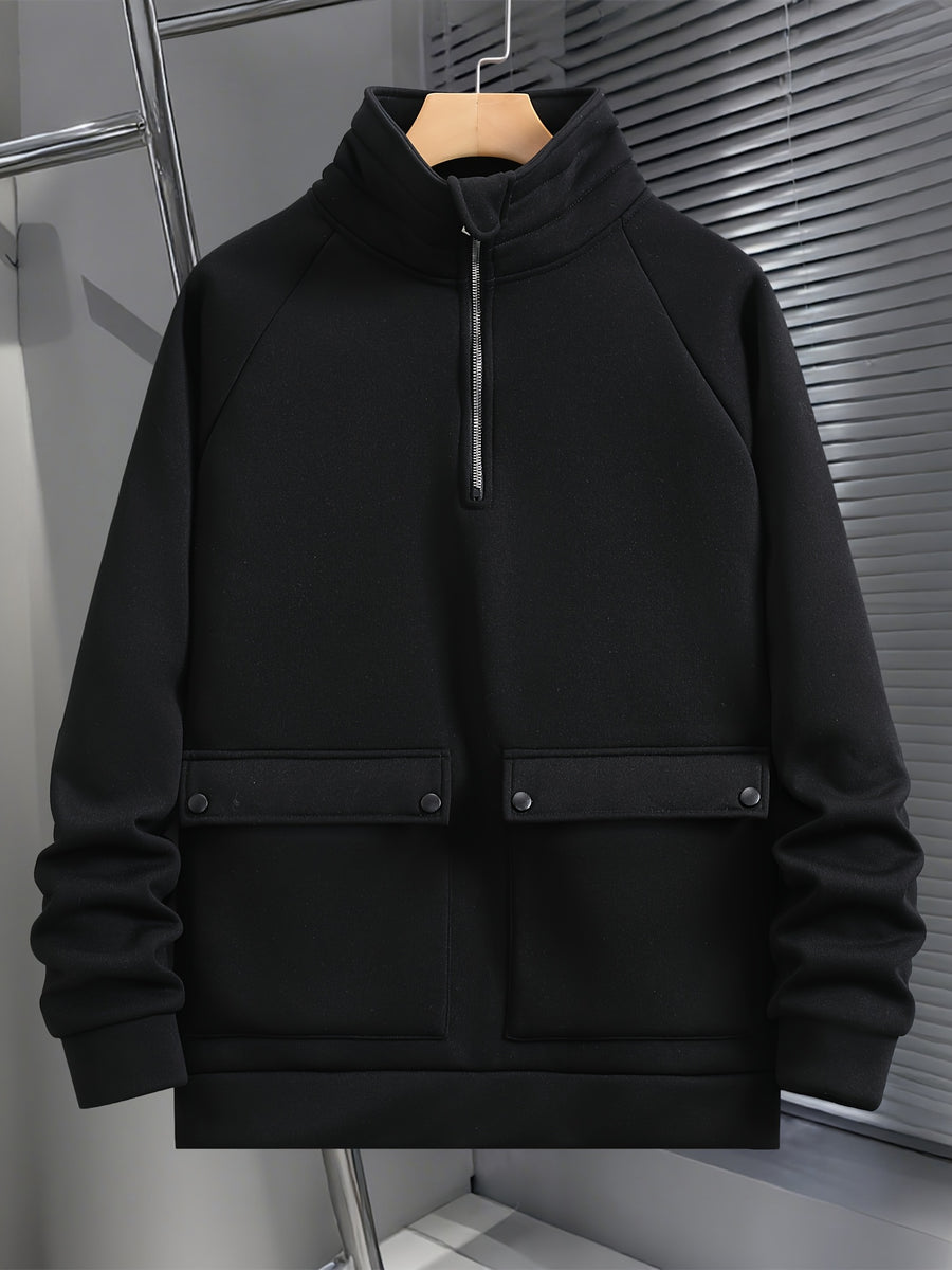 Men's Fashion Raglan Sleeve Sweatshirt with Half-Zip Open Neckline, Autumn/Winter Casual Versatile Long-Sleeve Sweatshirt - Black