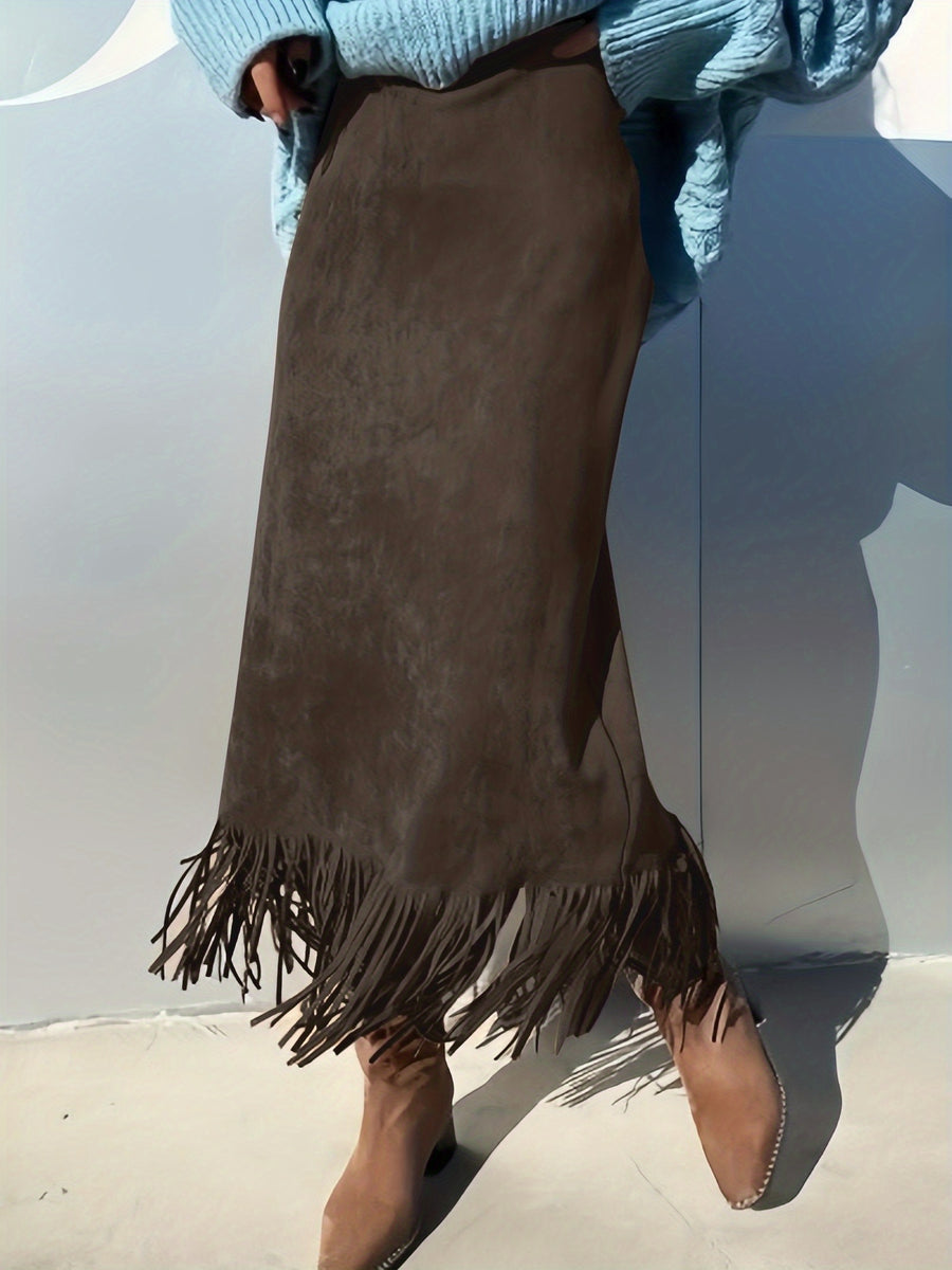 The Elegant Velvet Fringe Midi Skirt Is Stylish, Vintage, Versatile, And Suitable for Casual Wear in All Seasons - Coffee Brown
