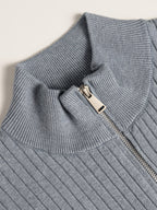 Autumn/Winter New Men's Stand Collar Zipper Design Fashionable Sweater, Knitted Versatile Stretchy Long-Sleeve Pullover with Small Rib Texture, for Home and Commuting, Vintage Men's Top - Flecking Gray