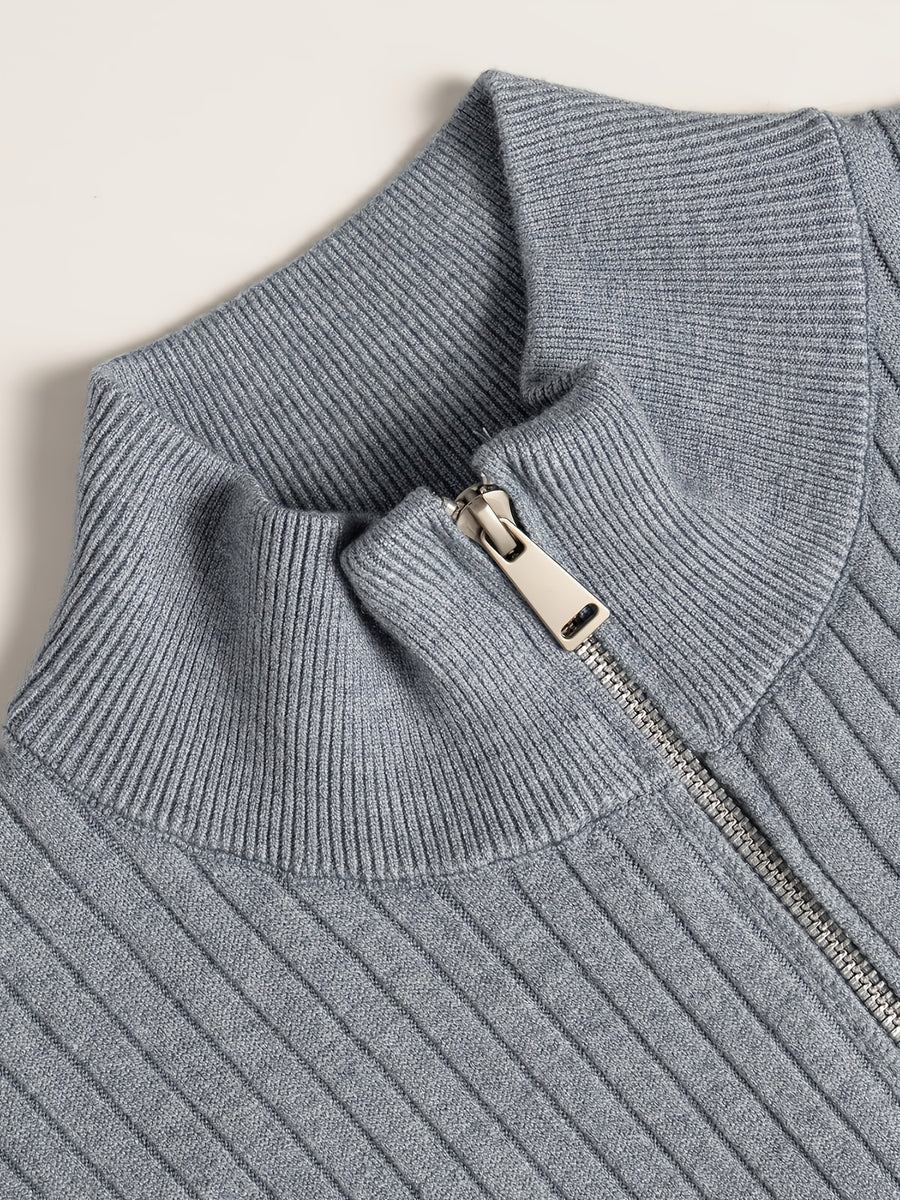 Autumn/Winter New Men's Stand Collar Zipper Design Fashionable Sweater, Knitted Versatile Stretchy Long-Sleeve Pullover with Small Rib Texture, for Home and Commuting, Vintage Men's Top - Flecking Gray