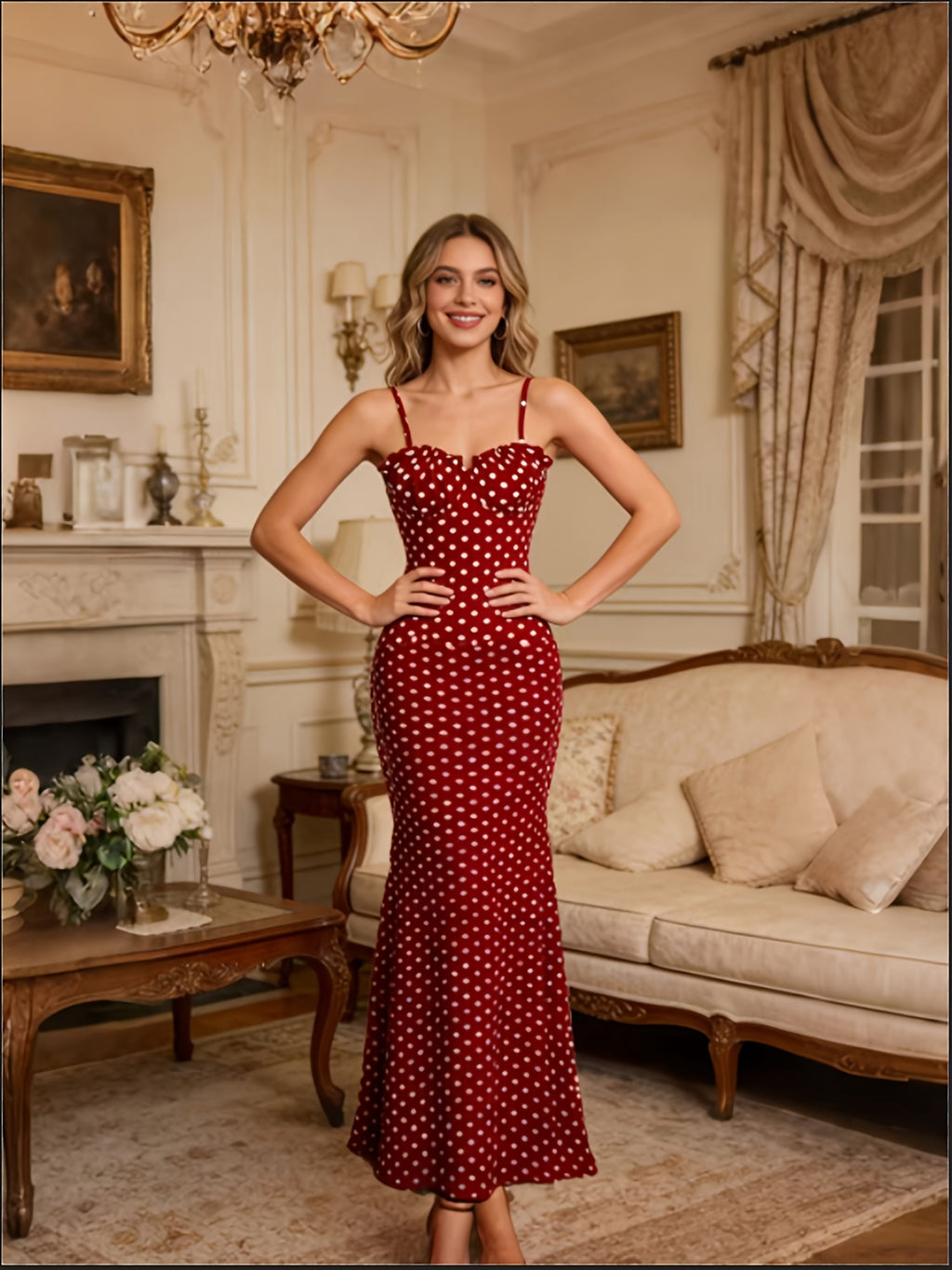 Women'S Elegant Exquisite Vacation Beach Festival Party Attire Sexy Backless Spaghetti Strap Long-Length Dress Polka Dot Tailored Waist-Cinched Bodycon Bridesmaid Dress Women'S - Red