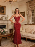 Women'S Elegant Exquisite Vacation Beach Festival Party Attire Sexy Backless Spaghetti Strap Long-Length Dress Polka Dot Tailored Waist-Cinched Bodycon Bridesmaid Dress Women'S - Red