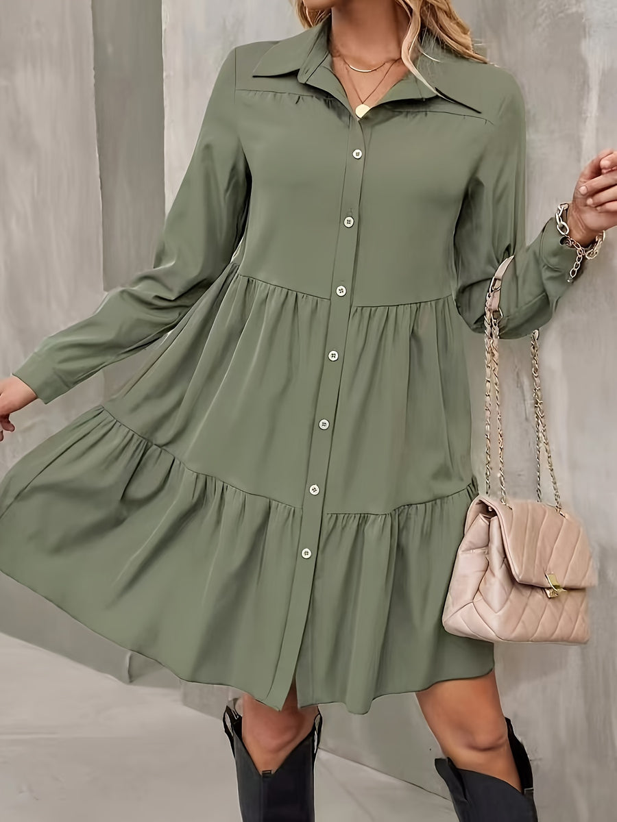 Elegant Long Sleeve A-line Casual Shirt Skirt - Army Green