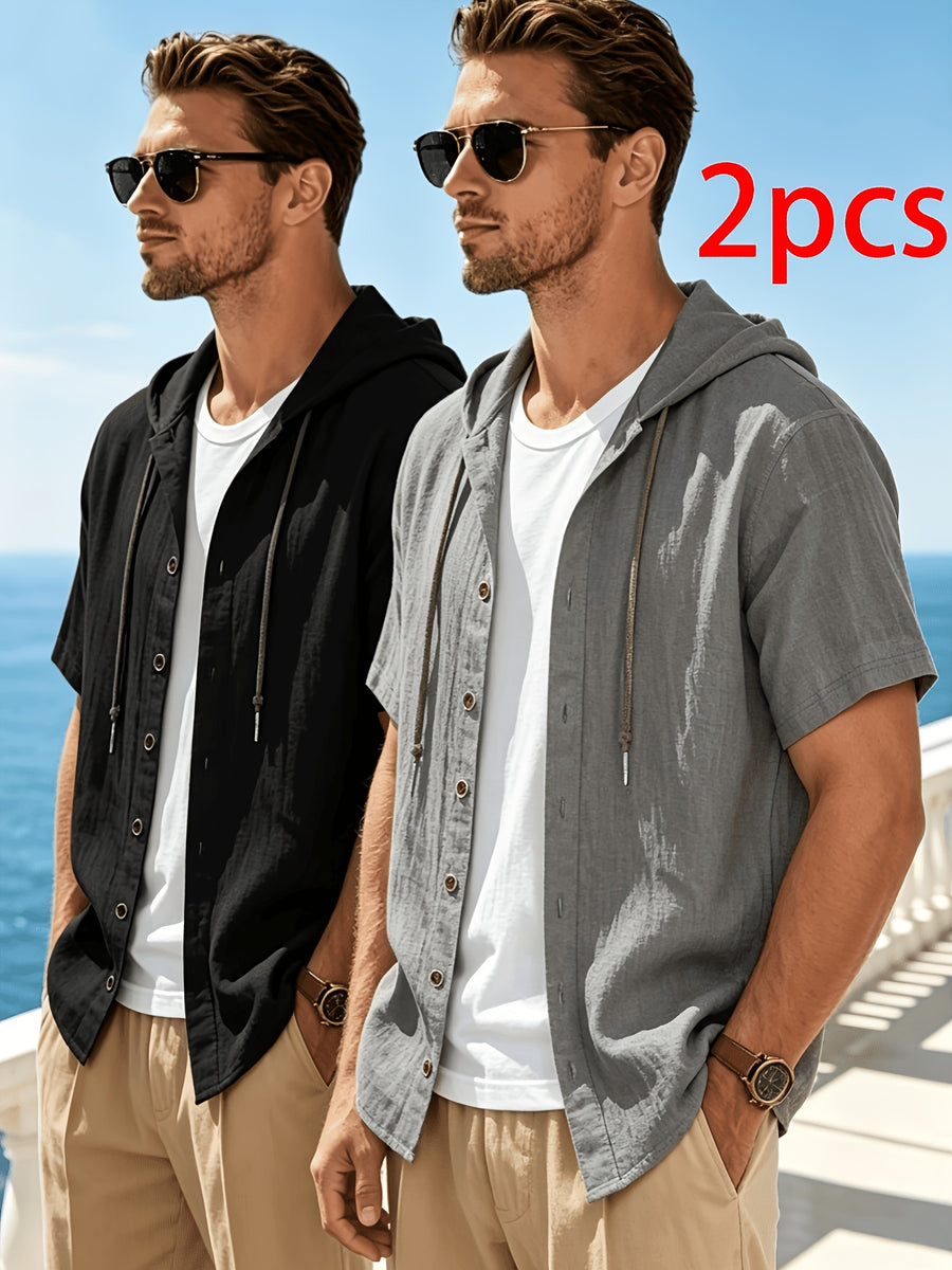 Men's 2pcs Short-Sleeve Hoodie Shirt, Regular Fit, Lightweight Open Cardigan, Vacation Casual Top - Black+light Gray