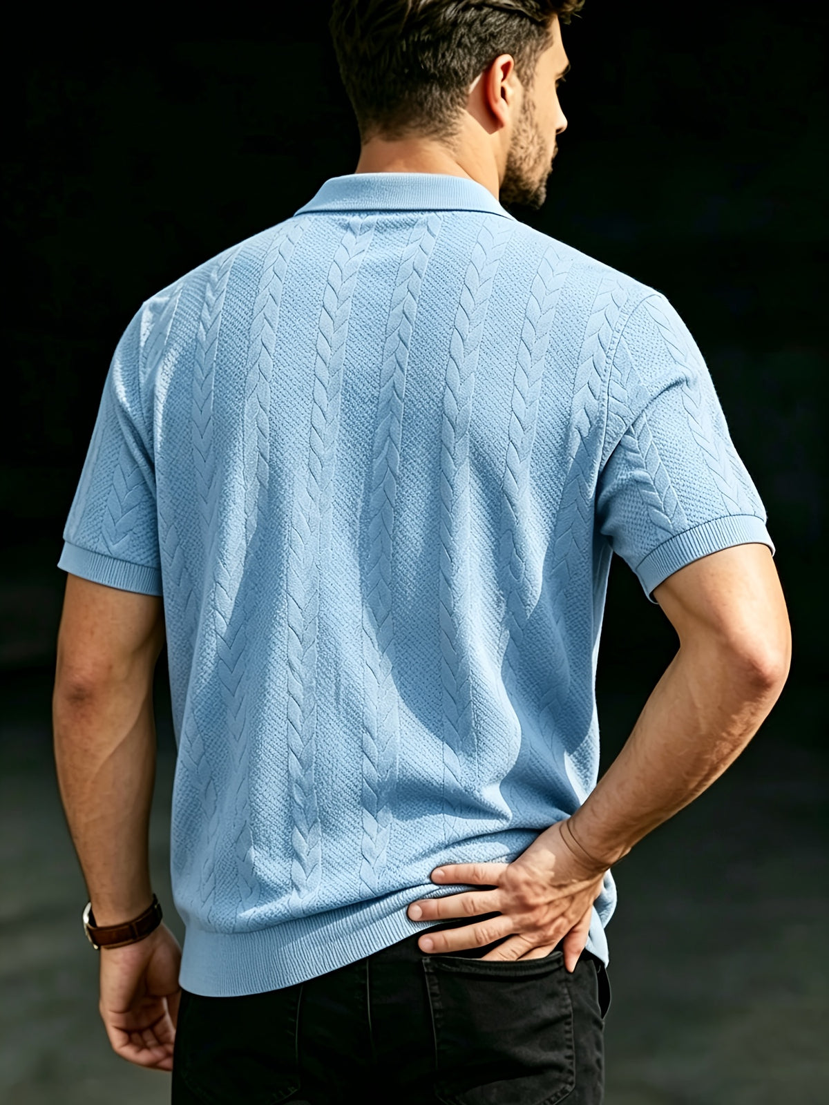 Men's Summer Jacquard Ribbed Lapel Short-Sleeve T-Shirt, Simple Casual Breathable Business Versatile Knitted Polo Shirt - Sky Blue