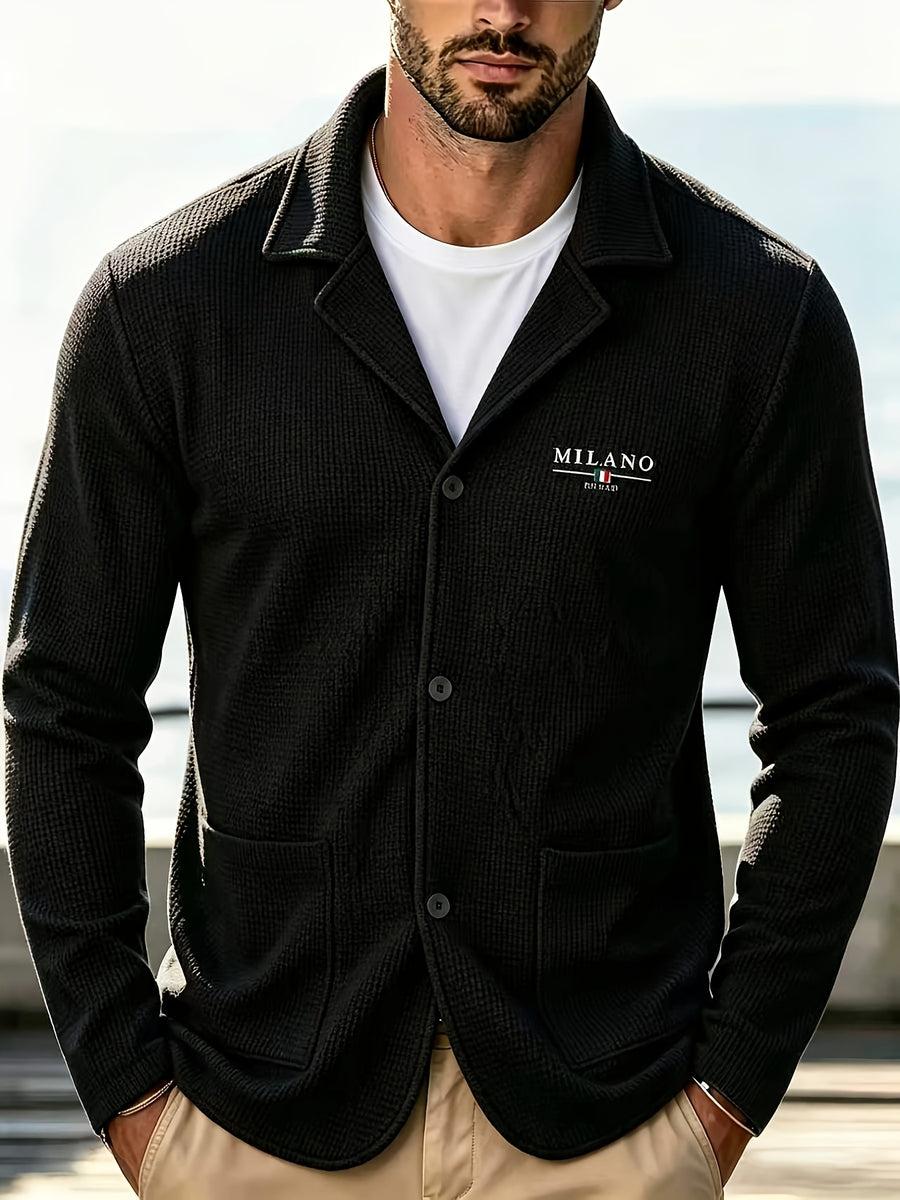 Men'S Spring Autumn New Waffle Check Blazer Collar Cardigan Single Button Double Pocket Business Casual All-Match Long Sleeve Jacket, Knit Soft Comfortable Fashion Solid Color Outerwear Suitable for Daily Outings, Dates, Holidays, And Travel - Black (upgrade)
