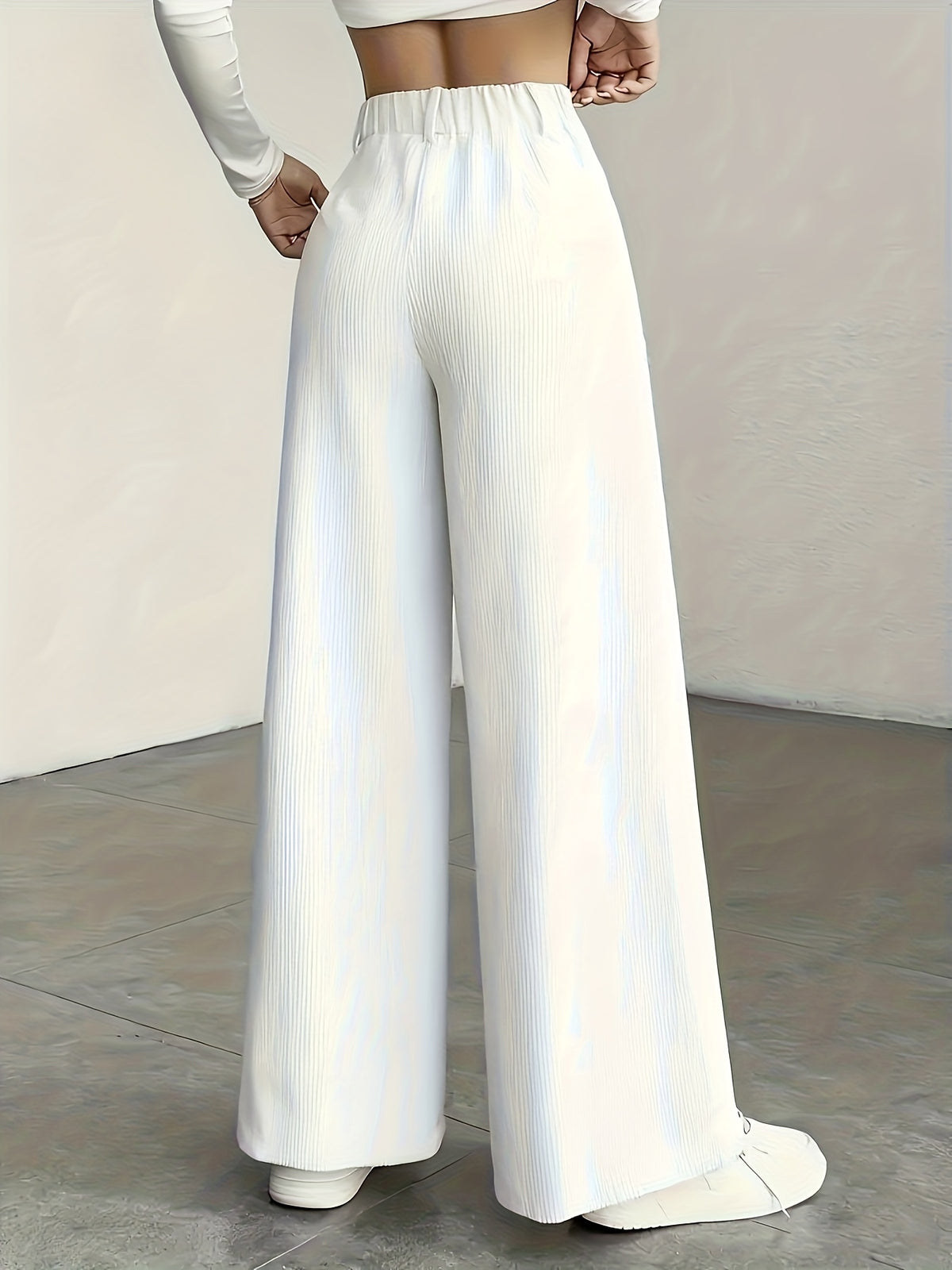 Women's High-Waisted Wide-Leg Corduroy Pants - Straight Leg Trousers with Corduroy Texture & Striped Suitable for All-Season Wear, Machine Washable Non-Stretch Corduroy Pants for Office, Casual, Everyday Outfits (No Transparency) - White