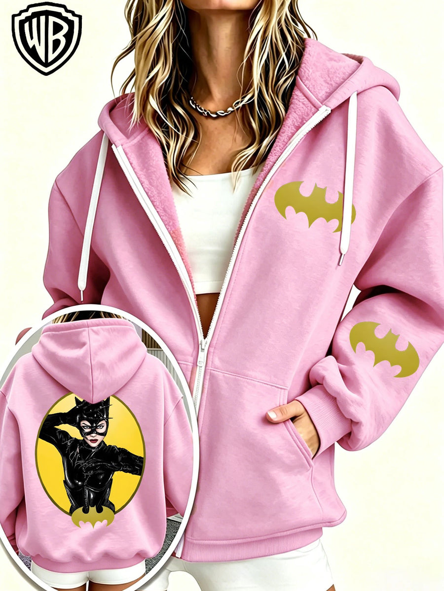 2026 Women's Hoodie DC Batman Catwoman Character Bat Logo Print Zip-Up Open Front Hooded Top Trendy Women's Jacket - Pink