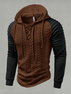 ROYALBOY Textured Jacquard Fabric Contrast Color Pleated Ribbed Sleeves Drawstring Design Fashionable Outdoor Casual Hooded Sportswear Top, Autumn Menswear - Coffee Color