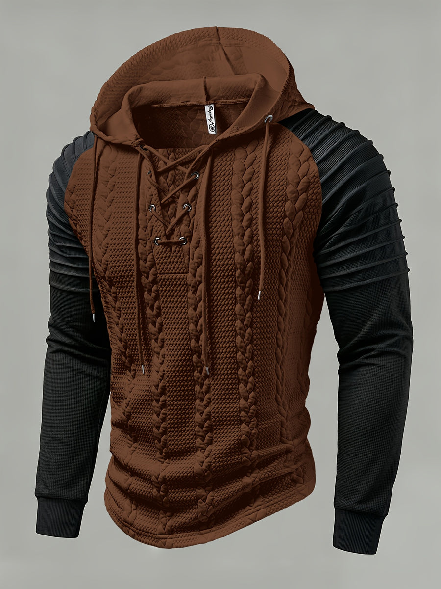 ROYALBOY Textured Jacquard Fabric Contrast Color Pleated Ribbed Sleeves Drawstring Design Fashionable Outdoor Casual Hooded Sportswear Top, Autumn Menswear - Coffee Color