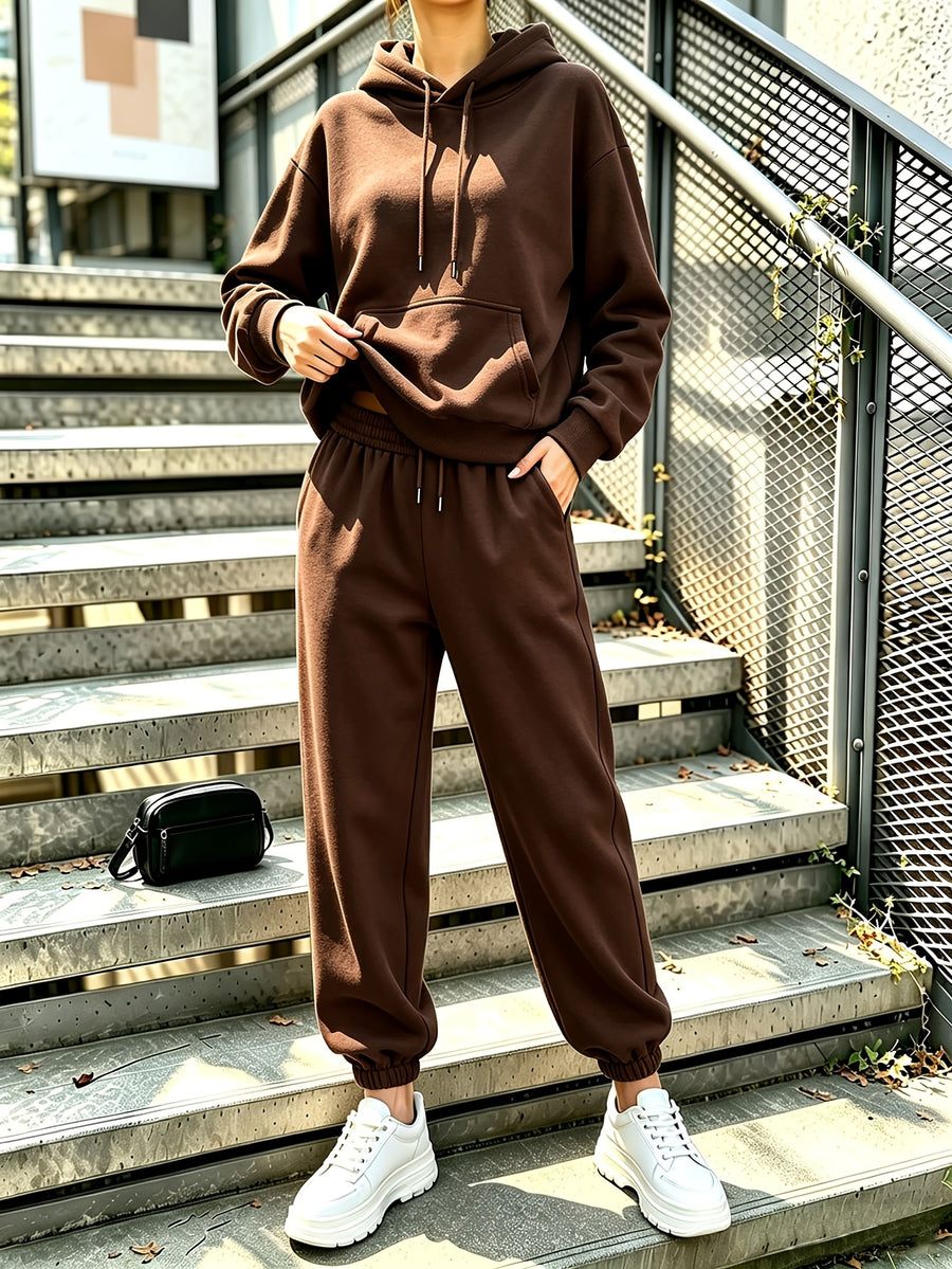 Autumn Winter Trendy Fashion Hooded Drawstring Sweatshirt And Jogger Pants Women'S Set, Hooded Drawstring Design, Front Kangaroo Pocket on Sweatshirt, Comfortable Wear for Cold Weather, Classic Silhouette, Comfortable Fit - Coffee Brown