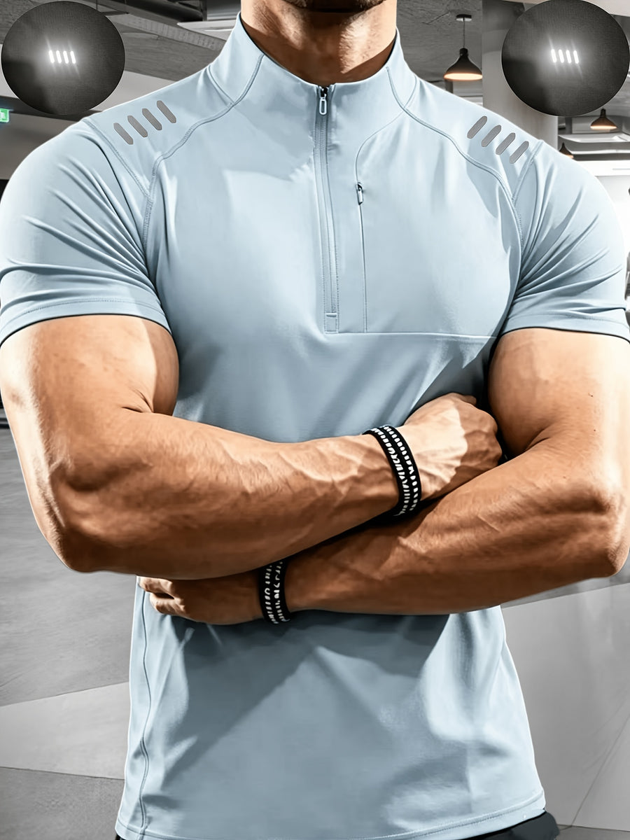 Men'S Muscular Fitness High-Elastic Training Quick-Dry Fitness Wear, Individual Print Patterns, Slim Fit Summer Casual Short Sleeve Shirt T-Shirt - Breathable Elastic Fabric, Stand-Up Collar Design with Open Chest Zipper - Sky Blue