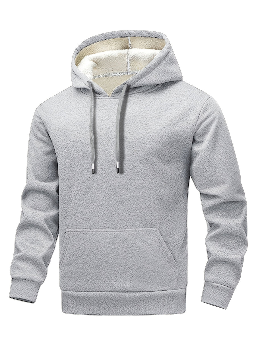 1pc Men'S Winter Thickened Lamb Fleece Hooded Sweatshirt, Black Solid Warm Pullover Top, Loose Kangaroo Pocket Long Sleeve Cold-Proof Hooded Jacket, Sports Fitness Commute Outdoor Casual Outerwear - Light Grey