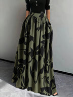 Women's Casual Loose Fit Unique Ink Print High-Waisted Slim Dress in Army Green - Army Green