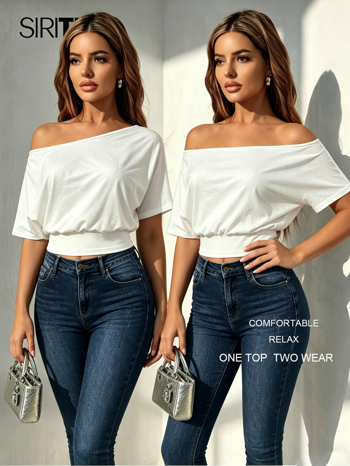 Loose-Fitting Waist, Dropped Shoulder Sleeves, And Sloping Shoulder Collar Women'S White Pure-Color T-Shirt Top. A Must-Have for Summer. Elastic Waistband Accentuates Your Figure. Suitable for Leisure, Dating, Parties, Festivals, And Beach Vacations - White