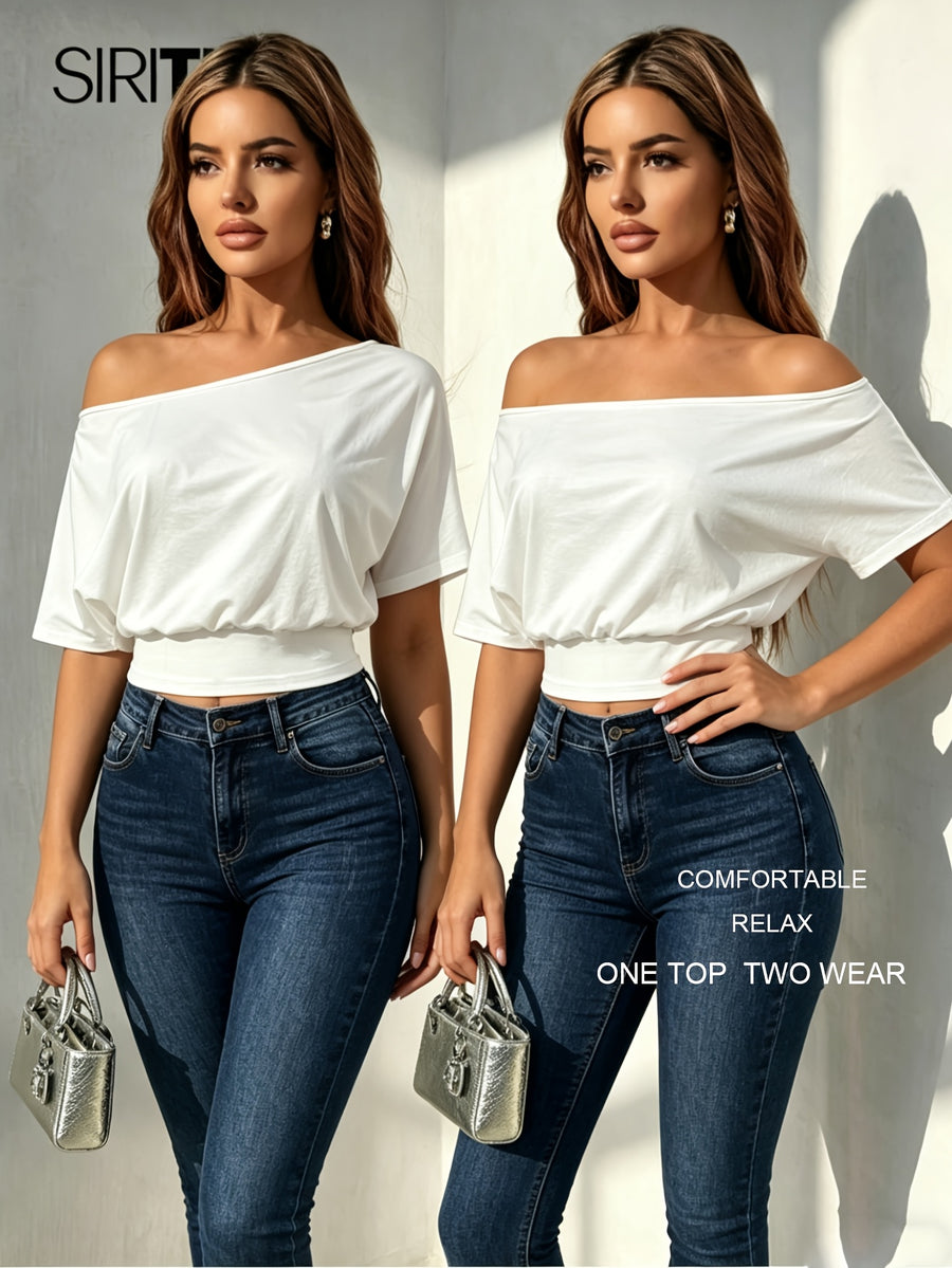 Loose-Fitting Waist, Dropped Shoulder Sleeves, And Sloping Shoulder Collar Women'S White Pure-Color T-Shirt Top. A Must-Have for Summer. Elastic Waistband Accentuates Your Figure. Suitable for Leisure, Dating, Parties, Festivals, And Beach Vacations - White