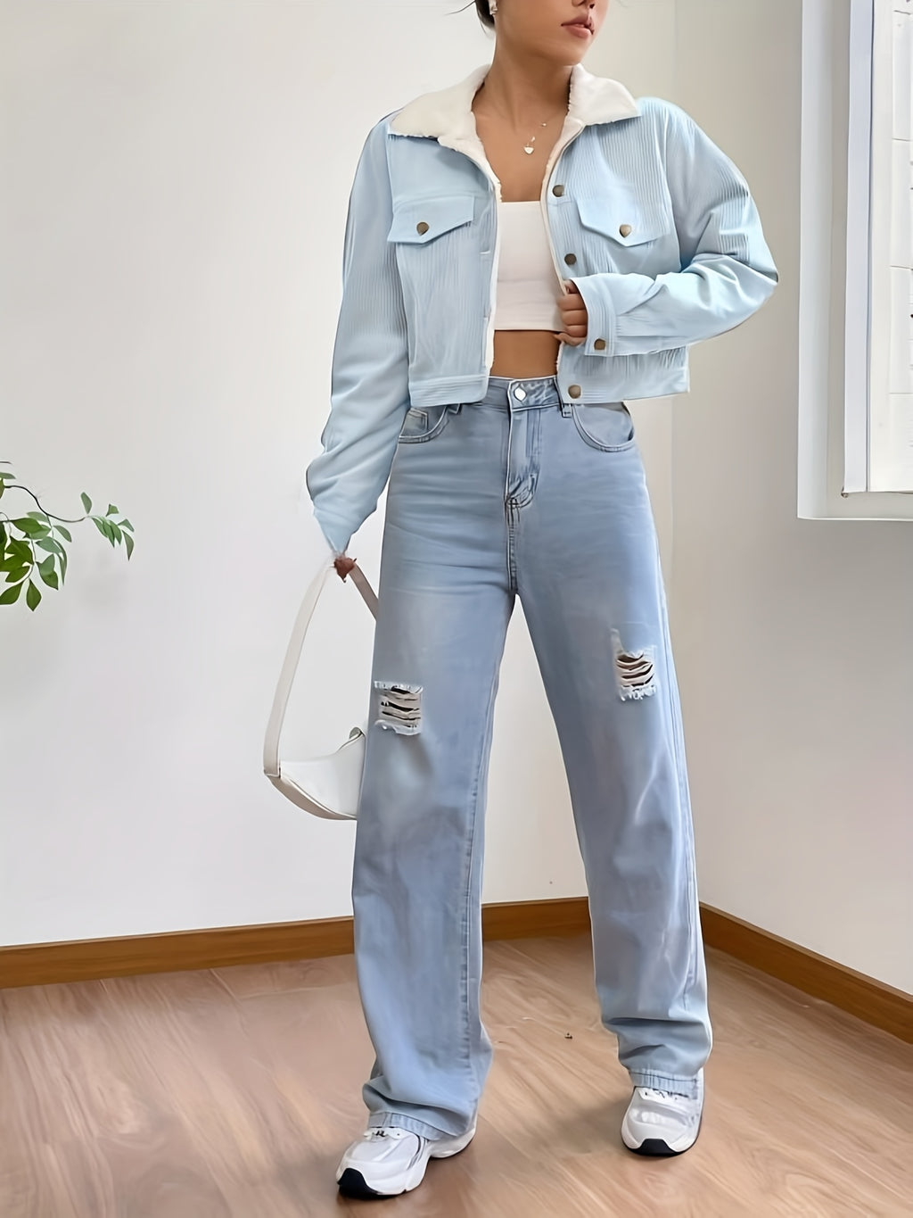 Women'S Short Corduroy And Lamb Jacket for Autumn And Winter, Featuring a Fleece Collar, Versatile Korean-Style Warm Top - Light Blue