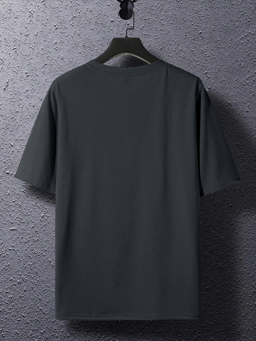 Summer New Men'S Regular Fit Short Sleeve T-Shirt with Chest Brown Small Label Text Print Easy Comfortable Casual Outing Commute All-Match Round Neck Top - Dark Gray