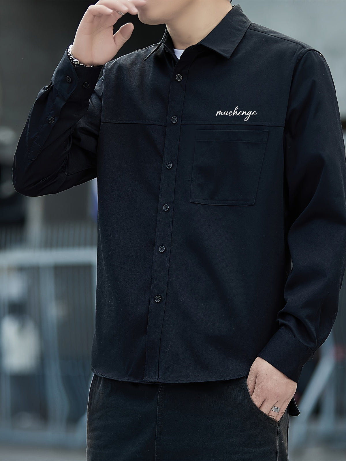 Men'S Long Sleeve Shirt Patchwork Single Pocket Letter Print Outdoor Casual Spring Autumn Regular Daily Commute Office Date Party - Black