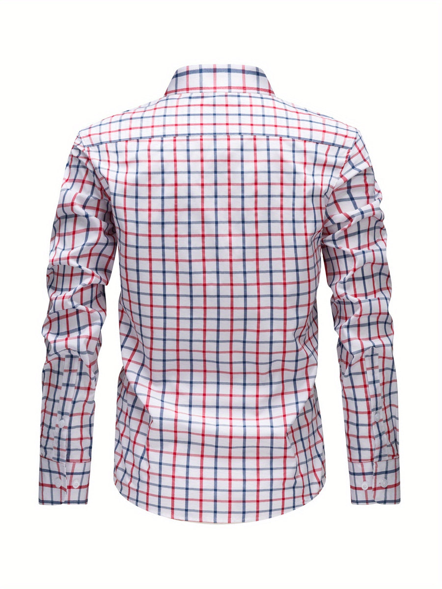 Men's Dress Shirt - Classic Checkered Pattern, Classic Notch Lapel with Button Design, Machine Washable, All-Season Regular Fit Suitable for Casual and Formal Wear - Red And Blue Plaid