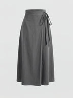 Gray High-Waist Tie-Front Skirt, Design Exudes Style, Flared A-Line Silhouette And Elegant, Effortlessly Create Commute And Date Elegant Looks [Niannian] - Dark Gray