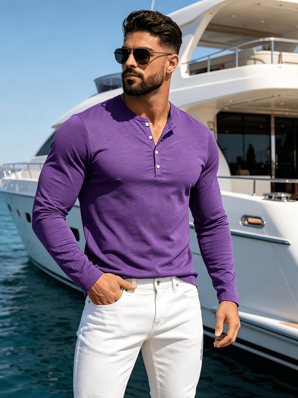 2pcs New Men's Fashionable Sporty Long-Sleeve Pure Cotton Henley Button-Up Shirt, Spring/Autumn Casual, Comfortable, Soft, Trendy, Simple, High-End, Versatile, and Refreshing - Multicolor 6