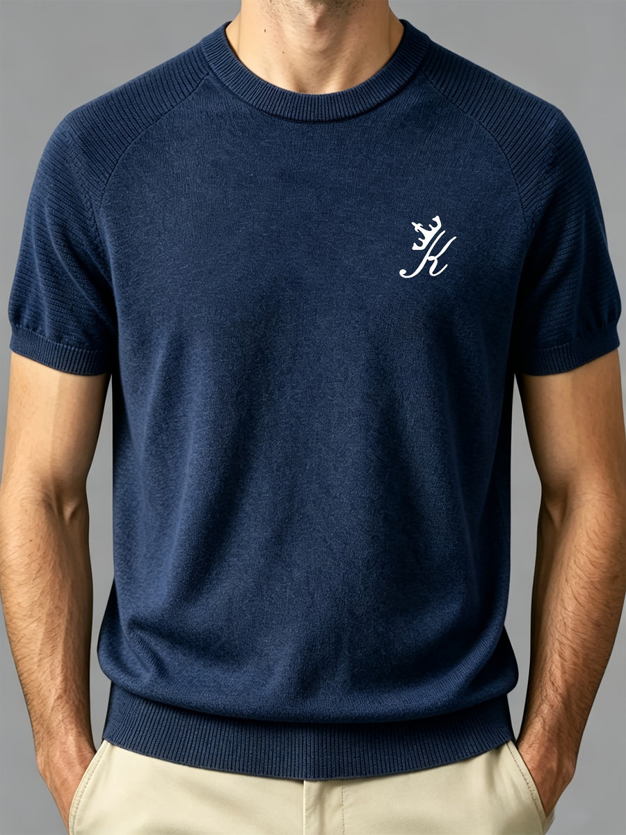 Men's Round Neck Raglan Sleeve Short Sleeve T-Shirt, Summer Breathable Solid Color Casual Versatile Business Short Sleeve Base Layer - Navy Color