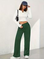 Women's Elegant Straight-leg Trousers with Tree Grain Wrinkle-texture Micro-stretch Fabric, Featuring a Comfortable Elastic Waistband with Drawstring Detail and Side Slant Pockets. Suitable for All Seasons - Green