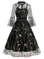 Vintage Mesh Embroidered Patchwork Mid-Sleeve Gothic Dark Evening Gown, for Gatherings, Parties, Dress, Evening Dress, Gown - Black