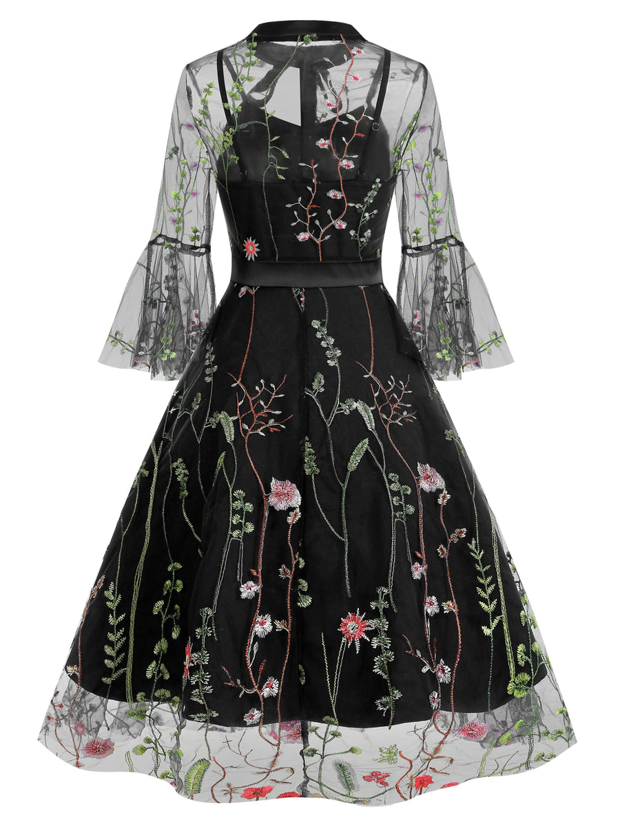 Vintage Mesh Embroidered Patchwork Mid-Sleeve Gothic Dark Evening Gown, for Gatherings, Parties, Dress, Evening Dress, Gown - Black